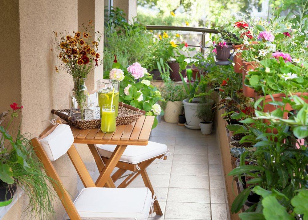 A senior condo balcony bursting with flowers and plants